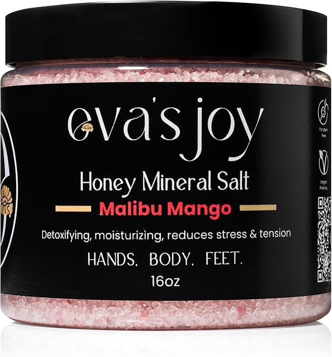 Eva's Joy Malibu Mango Mineral Bath and Foot Soak, Made With Epsom Salt Crystals, Oil-Free, Exfoliating & Nourishing, Refreshing Tropical Scent, Cleanses & Hydrates Skin, 16 oz