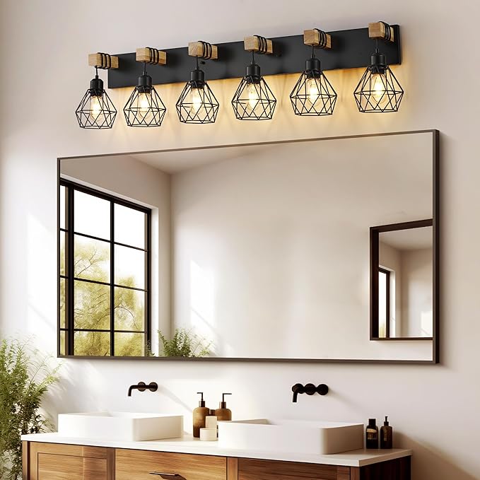 Farmhouse Bathroom Vanity Light Fixtures, 6-Light Wood Bathroom Light Fixtures Over Mirror, Rustic Sconces Wall Lighting with Elegant Metal Lampshade for Living Room, Bedroom, Hallway