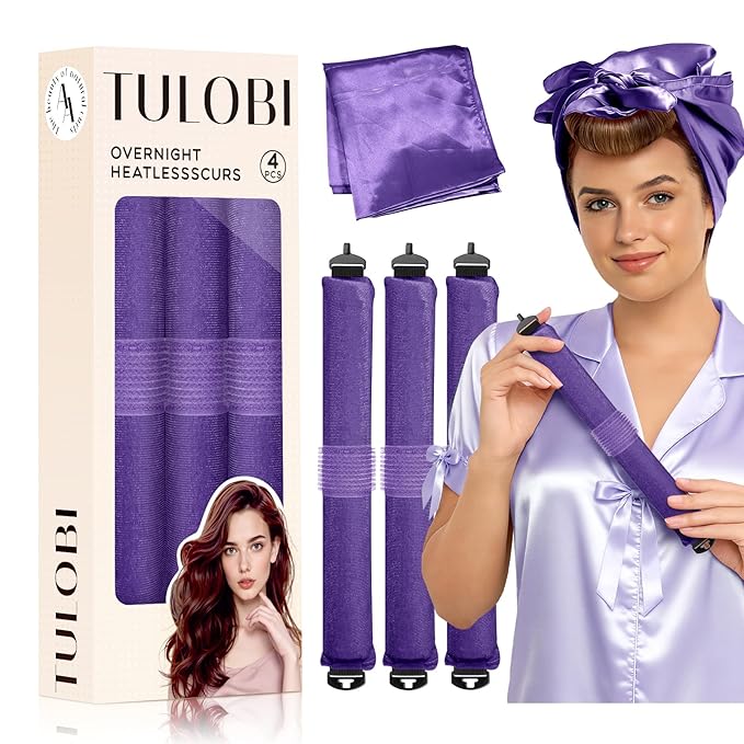 TULOBI 3 Pcs Heatless Curls Overnight - Upgraded Velvet Heatless Hair Curler with Velcro Fastener, Overnight Jumbo Blowout Rods, Hair Curlers to Sleep in for All Hair Types (Purple)