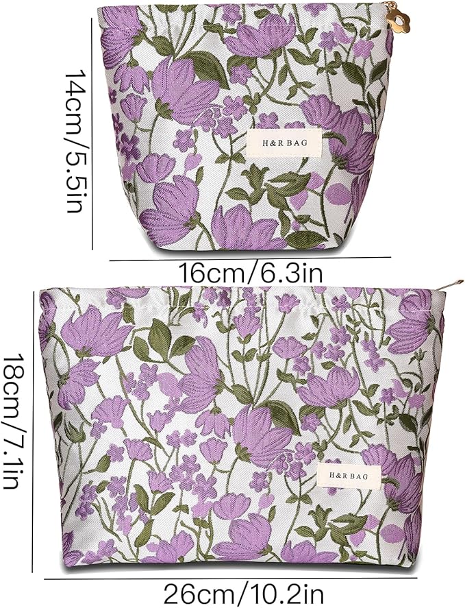 2 PCS Makeup Bag Small Cute Makeup Pouch Floral Cosmetic Bag for Women，Soft Toiletry Bag Pouch for Purse，Embroidery Craft Makeup Bag with Zipper（Purple Flower）