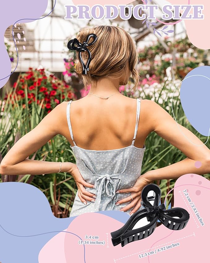 4 PCS Bow Hair Clips Bow Claw Clip for Women Nonslip Large Hair Claw Clips for Thin and Thick Hair Strong Hold Hair Bows (Black+Leopard Print)