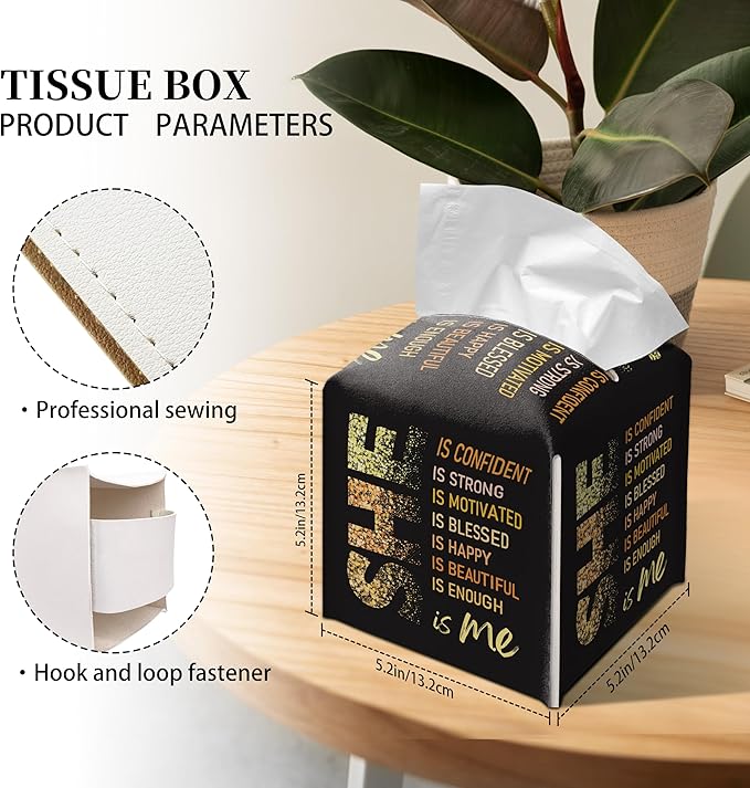 Grace Yonks Cute Tissue Box Cover Square - “SHE Is Me” Empowering Quote in Glitter Gold on Black Design 5.2" PU Leather Holder for Vanity, Desk, or Bathroom Counter - Cube Case for Facial Tissues(022)