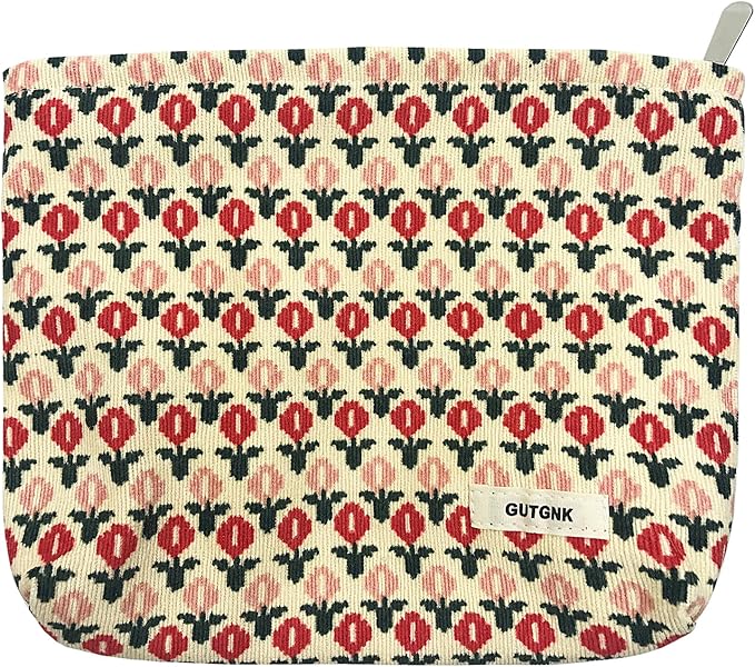 GUTGNK Corduroy Ladies Cosmetic Bag, Large Capacity Canvas Cosmetic Bag Travel Toiletry Bag Accessories Organizer, Little Red Flower