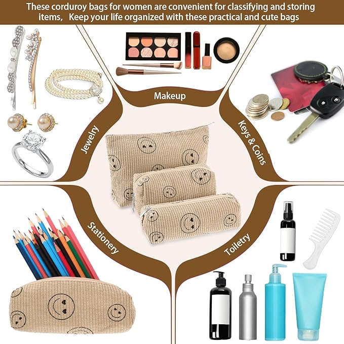 3 Pcs Makeup Bag Set for Women Corduroy Cosmetic Pouch Aesthetic Smile Travel Toiletry Bag Cute Purse Pouch Pencil Case Makeup Brushes Storage Organizer with Zipper(Khaki,Smile Face)