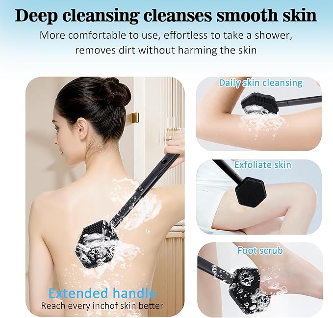 Silicone Back Scrubber for Shower with 21" Extendable Handle–Dual-Sided Long Handle Bath Brush for Exfoliating&Massage–Non-Slip Grip, Gentle&Deep Cleansing Body Brush for Men, Women, Seniors (Black)