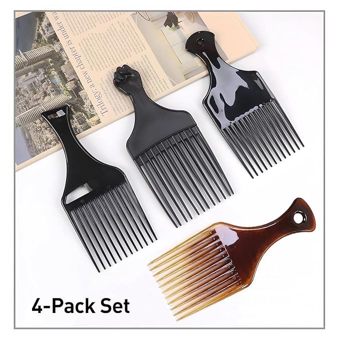 4-Pack Plastic Wide-Tooth Afro Lift Combs for Styling, Detangling, Adding Volume, Suitable for Long, Curly, Thick Hair, Wigs, and Beards - for Men & Women
