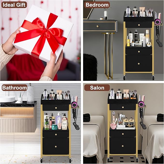 Large Makeup Cart with Detachable Hair Tool Organizer, Floor Makeup Organizer with 3 Drawers and Wheels, Cosmetic Display Cases Holder for Skin Care Perfume Nail Polish,Modern Gold & Black