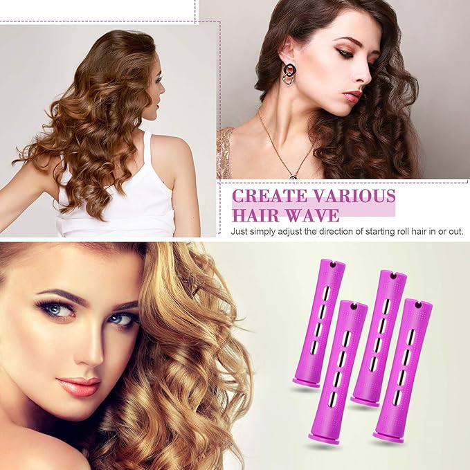 Chuangdi 24 Pcs Hair Perm Rods Plastic Cold Wave Perming Curlers Hair Rollers with Steel Pintail Comb Rat Tail Comb Tools for Hairdressing Styling(Purple,0.75 Inches)