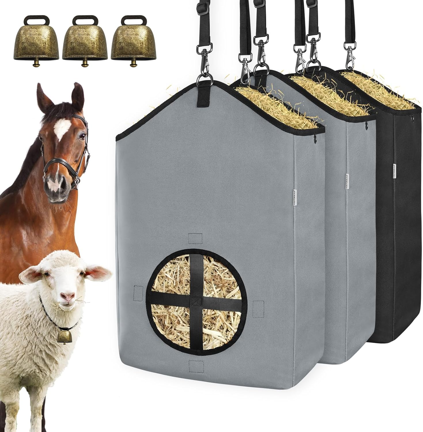 3 PCS Goat Hay Feeder,Hay Bags for Horses,Goats,Donkeys with Reinforced Oxford Fabric and High Strength Metal Clasp,Horse Feeding Supplies with Adjustable Strap for Easy Hanging (2Grey+1Black)