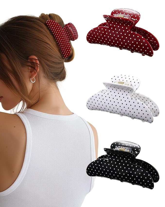 Molans 3PCS Hair Claw Clips Acrylic Clamps for women - Non-slip Strong Hold Barrettes for Thin Thick Hair, Medium hair clips Accessories(Polka Dot）