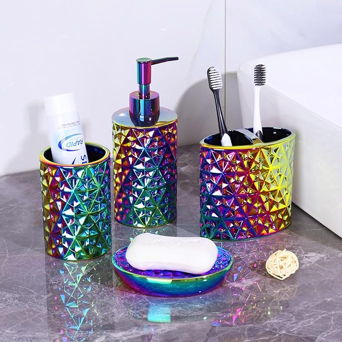Colorful Bathroom Accessories Set 4 Pcs, Lotion Soap Dispenser, Soap Dish, Toothbrush Holder, Tumbler, Countertop Vanity Organizer for Bathroom Accessory Set