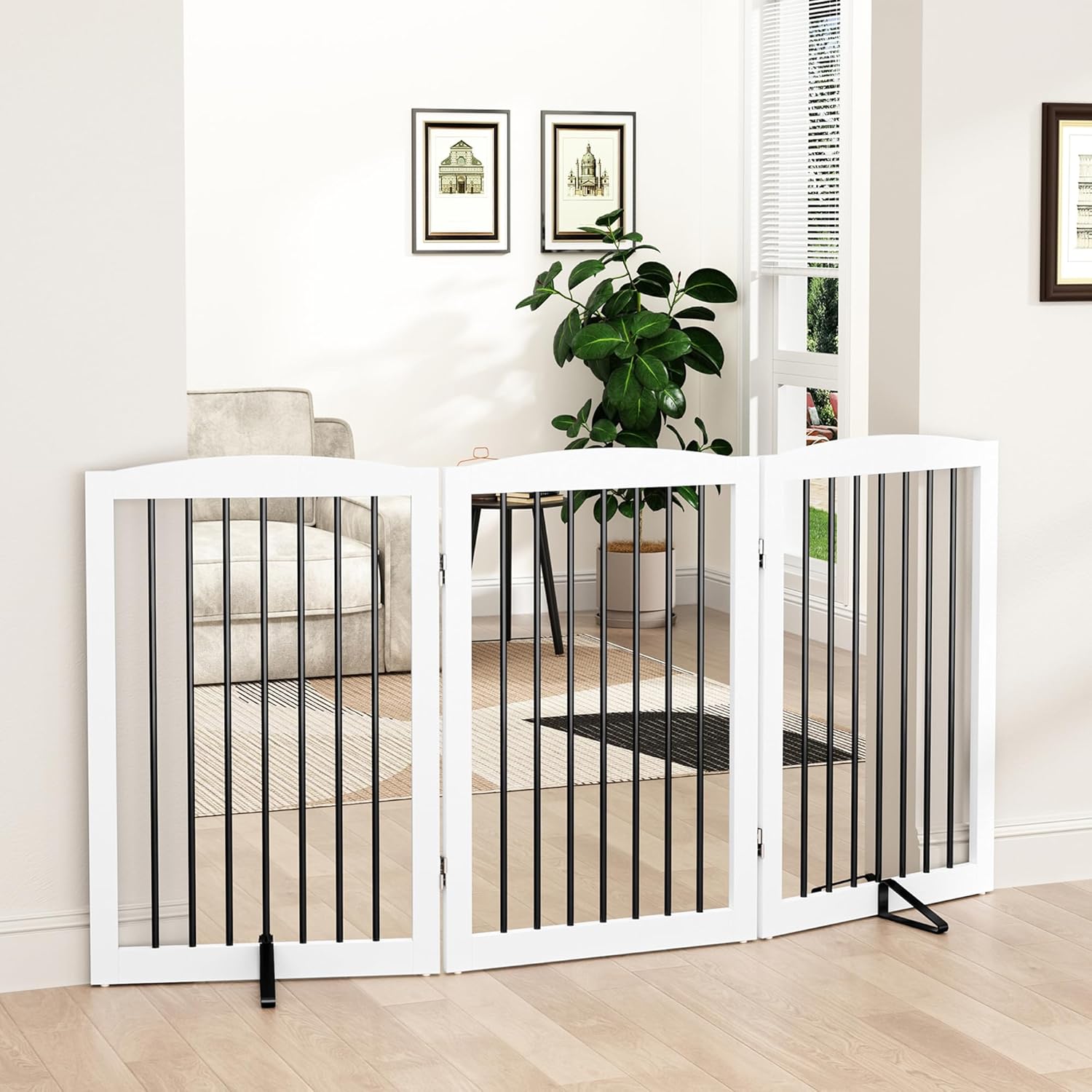 Freestanding Pet Gate for Dogs, Foldable Wooden Dog Gate for House Indoor, Tall Pet Fence for Stair, Doorway,Hall, Support Feet Included, 3 Panels 32",White