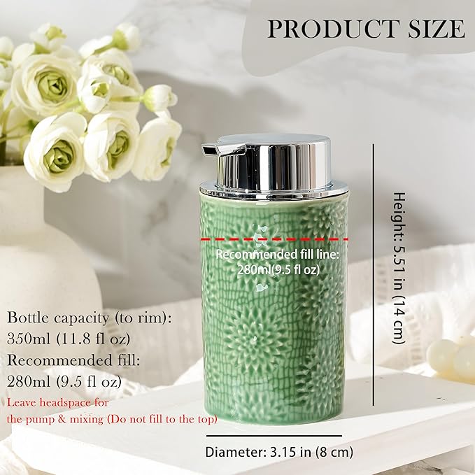 Green Foam Soap Dispenser,Foam Dispenser for Kitchen & Bathroom,Ceramic Soap Dispenser with Foam Soap Pump for Dish Soap&Hand Wash