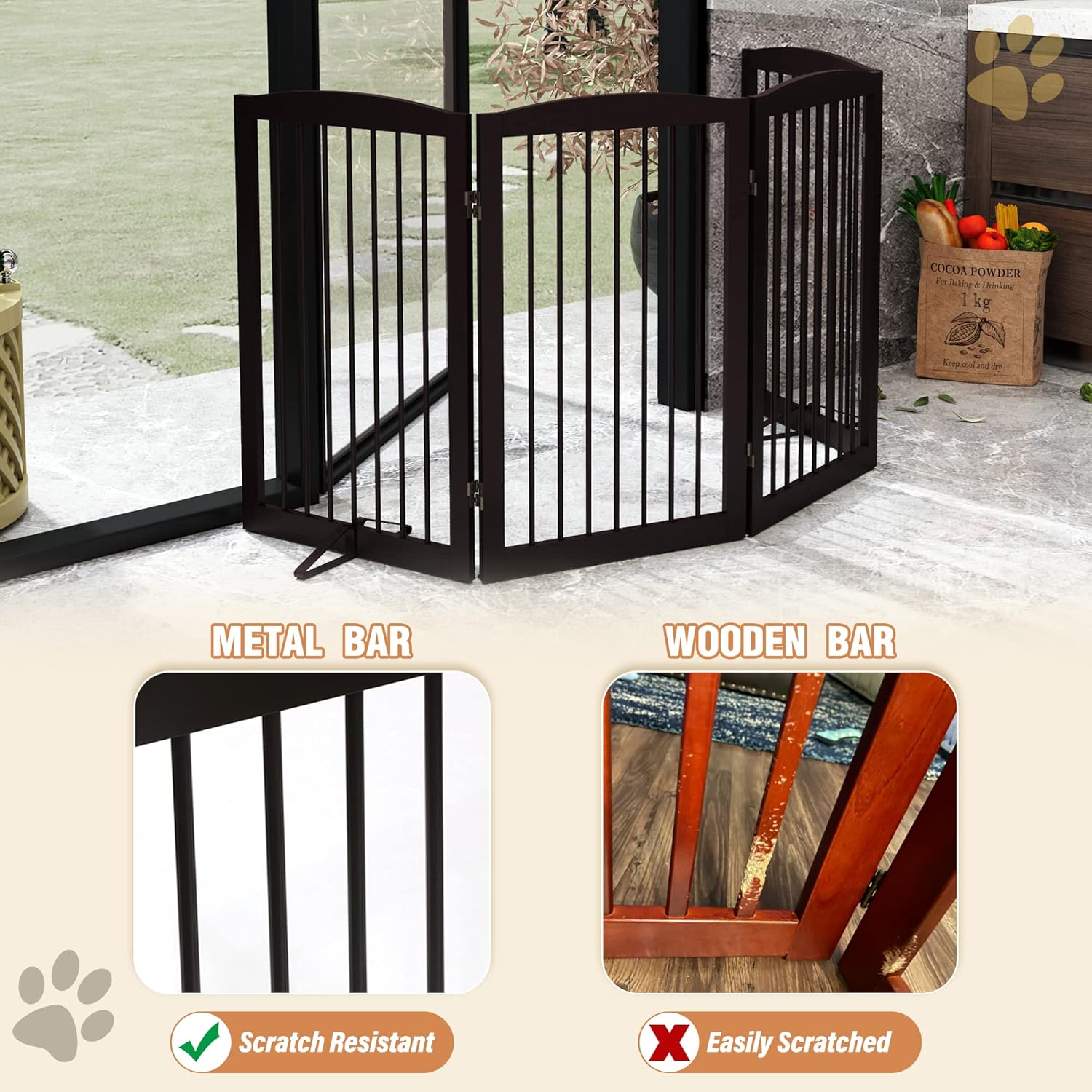 Freestanding Pet Gate for Dogs, Indoor Wooden Foldable Dog Gate for House, Doorway, Stair, 80 Inch Wide, 4 Panels 32",Brown