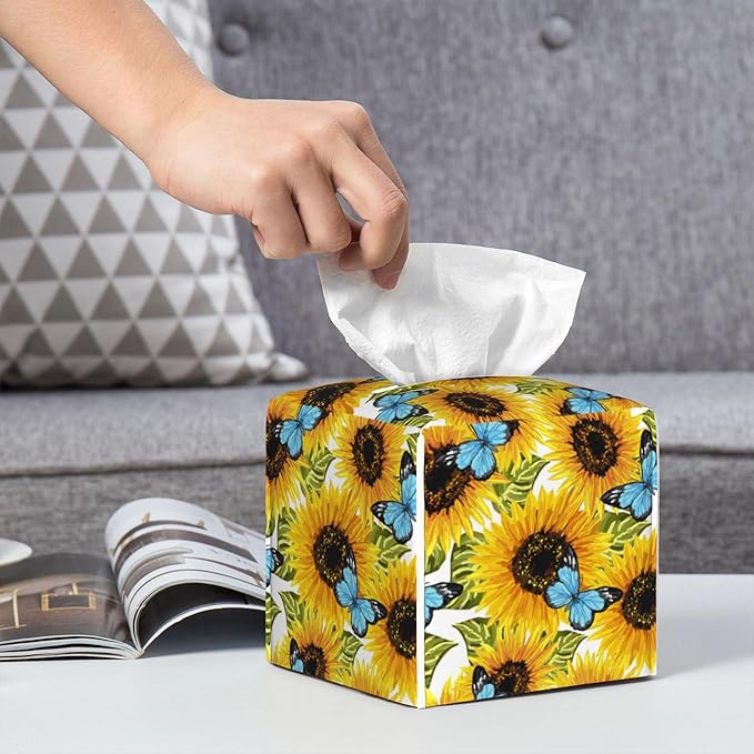 Sunflowers and Blue Butterflies Tissue Box Cover Square,Watercolor Sunflower Tissue Box Holder Waterproof Leather Facial Paper Organizer Dispenser for Bathroom Home Car Nightstand Vanity Desk
