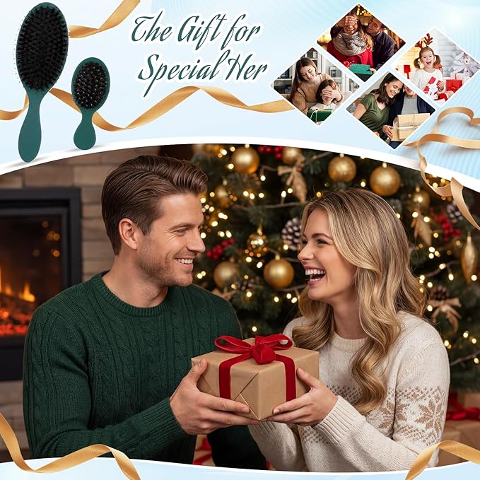 2 Pcs Green Boar Bristle Hair Brush Set Full-size and Travel Size Soft Boars Hairbrushes Natural Bristle Detangling Brush for Women Men Thick Curly Hair Detangling Soften Silky Shine