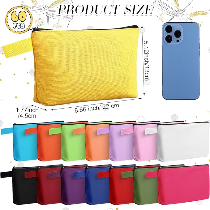 Reginary 60 Pcs Multicolor 60 Pieces Canvas Makeup Bags Bulk Portable Travel Cosmetic Pouch Multipurpose Blank Toiletry Bag with Zipper for Women DIY Craft (8.6 x 5 x 2 Inch)