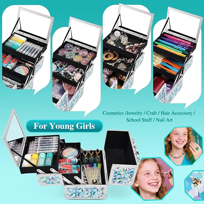 FRENESSA Makeup Case Train Case Portable Kids Makeup Box with Mirror Lock Box Travel Cosmetic Train Cases Hard Makeup Organizer for Girls Nail Craft Storage Vanity Mosaic Puzzle