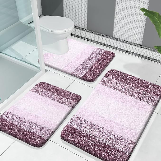 OLANLY Bathroom Rugs Sets 3 Piece, Soft Absorbent Microfiber Bath Mats and U-Shaped Contour Toilet Rug, Plush Shaggy Bath Mat Set for Bathroom (30"x20"+24"x16"+24"x20", Mauve)