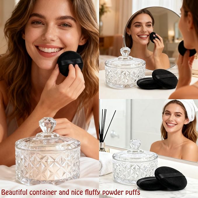 Large Body Powder Puff and Container - 2 Powder Puffs for Women Bath and Face Dusting Powder, Makeup Setting Powder Applicator for Talcum or Loose Powder (Black)