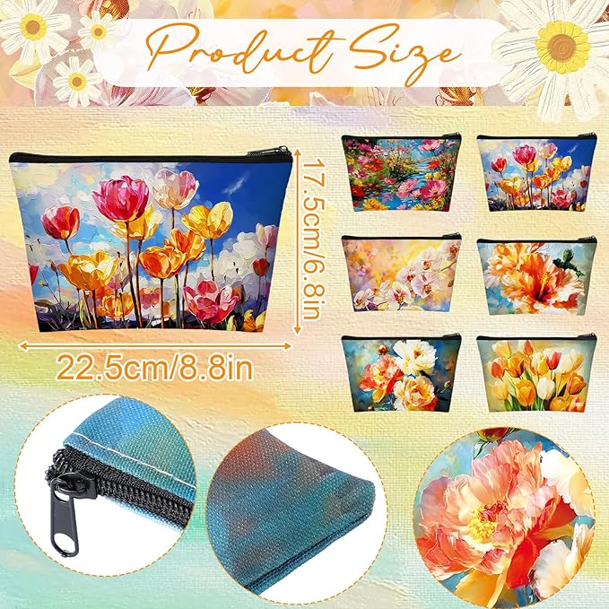 Sweetude 12 Pcs Oil Painting Flowers Makeup Bag Bulk Portable Travel Cosmetic Bags with Zipper Retro Floral Waterproof Roomy Travel Beauty Toiletry Organizer Storage Pouch for Women Gifts