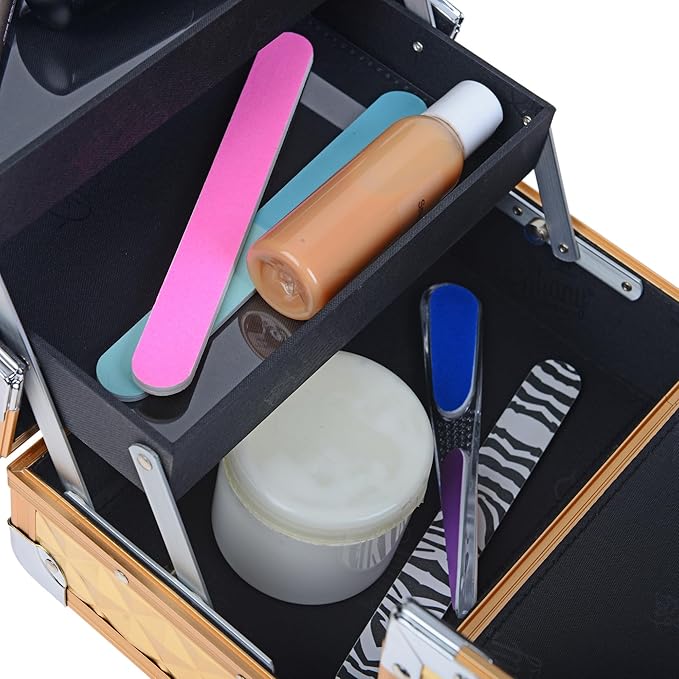 SHANY Chic Makeup Train Case Cosmetic Box Portable Makeup Case Cosmetics Beauty Organizer Jewelry storage with Locks, Multi trays Makeup Storage Box with Makeup Mirror - Golden House
