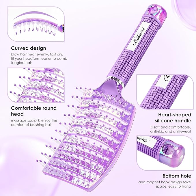 Bsisme Hair Brush with Hair Clips, Professional Curved Vent Hairbrush for Faster Blow Drying, Detangler Brush for Women Girls Wet Dry Curly Thick Fine Hair, Remove Knots & Reduces Breakage