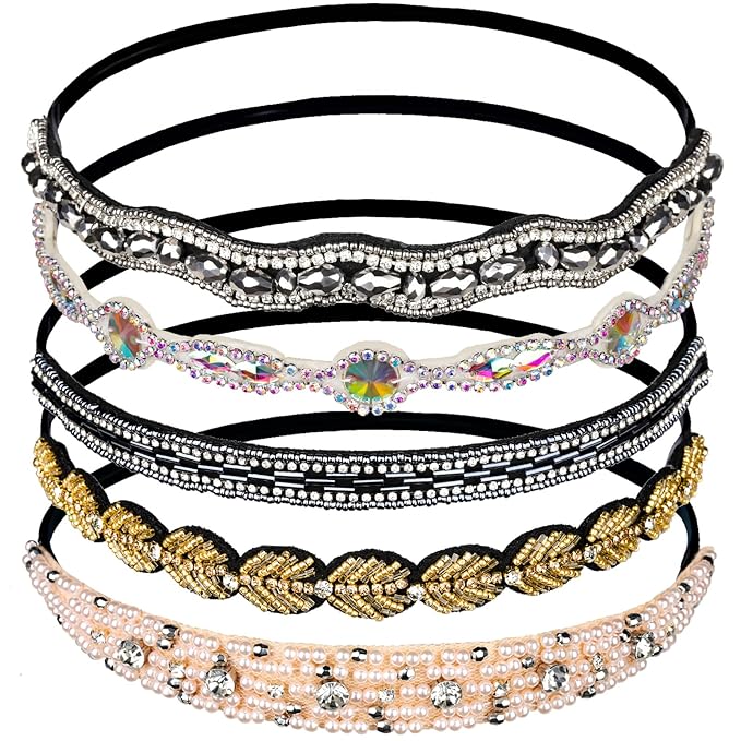 Teenitor 5Pcs Elastic Rhinestone Beaded Headbands, Jeweled Head Bands for Women's Hair, Hair Headbands Hat Bands for Women Girls