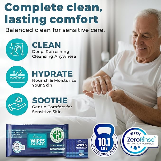 XL Bath Wipes for Adults Bathing No Rinse (2pk) 100 Ct. + 8 Travel Body Wipes 10 x 11.5" Adult Disposable Washcloths for Elderly Incontinence - After Surgery Must Haves Supplies & Elder Care Products