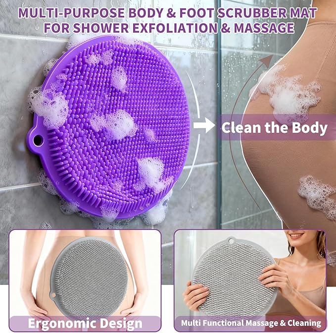 2 Pack Shower Foot Scrubber & Shower Back Scrubber Wall Mounted with Delicate Brush,Gentle Exfoliation Non-Slip Foot Scrubber Mat (Gray and Purple)