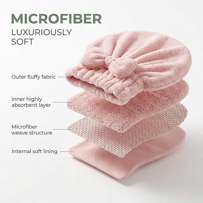 Cute Bow Microfiber Hair Towel for Girls, Quick Drying Hair Turban for Women Kids, Super Absorbent Anti Frizz Hair Cap for Curly Thick Hair, Lightweight Travel Towel (Two Pink)