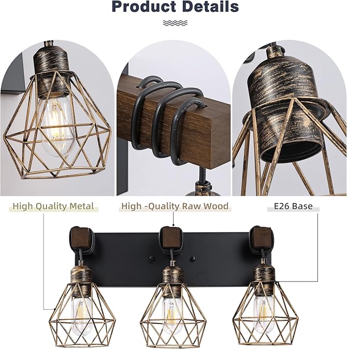 Farmhouse Bathroom Vanity Light Fixtures, 3-Light Black Gold Bathroom Light Fixtures Over Mirror, Rustic Wood Sconces Wall Lighting with Elegant Metal Lampshade for Living Room, Bedroom, Hallway