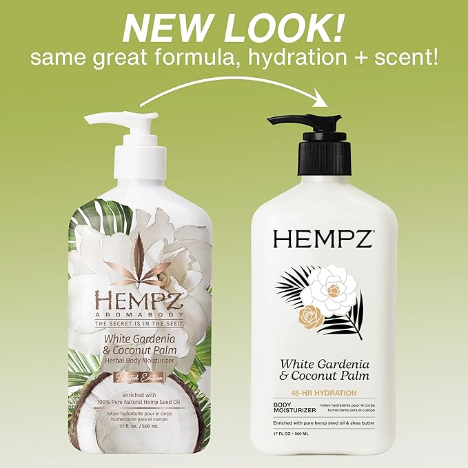 Hempz Body Lotion Moisturizer - White Gardenia & Coconut Palm - Daily Moisturizing Cream, Shea Butter, Coconut Oil - Skin Care Products, All Natural Hemp Seed Oil - 17 Fl Oz