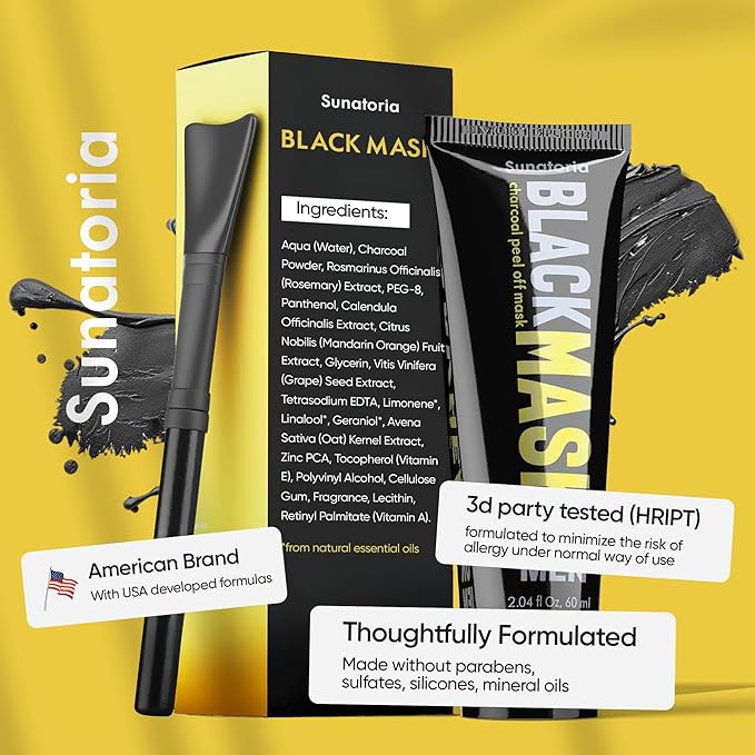 SUNATORIA Black Peel Off Face Mask – Charcoal Peel Off Face Mask for Oily & Combination Skin – Helps Remove Excess Oil & Lift Away Surface Impurities – Refreshing Botanical Formula, 2.04 fl oz (Men)