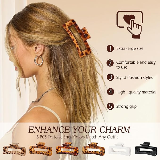 6 PCS 5 Inch Extra Large Claw Clips for Women, Tortoise Shell Jumbo Claw Clips for Thick Long Curly Hair, Oversized Matte Non-slip Rectangle, Durable Strong Hold Hair Clip,Non-slip Square Jaw Clip