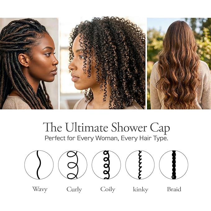 DONNA Super Jumbo Shower Cap – Comfortable Elastic Band, 100% Waterproof Hair Cap for Long Hair, Braids & Thick Styles, Reusable Big Shower Cap for Women, Keeps Hair Dry & Protected, Black