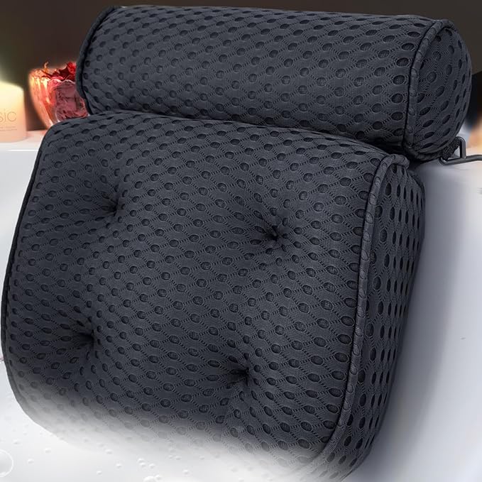 AEROiVi Luxury Bath Pillows for Tub，Bath Pillow Bathtub Pillows for Head and Neck Support Bath Cushion Made from Soft Spacer Mesh Material with Suction Cups,Black