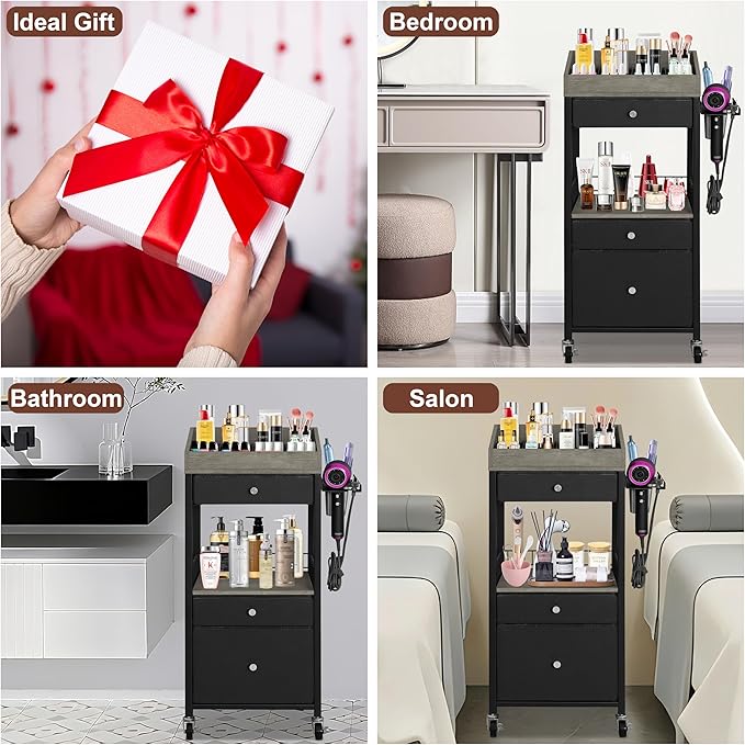 Makeup Organizer Cart with 3 Drawers & Detachable Hair Tool Holder, Rolling Cosmetic Storage Cart with Adjustable Dividers, Lockable Wheels for Bathroom, Bedroom Vanity, Black & Grey