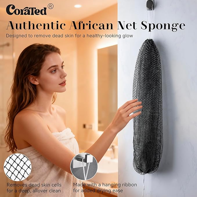 CORATED African Net Sponge Authentic, Shower Net with Knots Loofah Exfoliating Bath Sponge, Body Scrubber for Women Daily Use Body Care, Travel Portable Bath Accessories for Bathroom (Black & Grey)