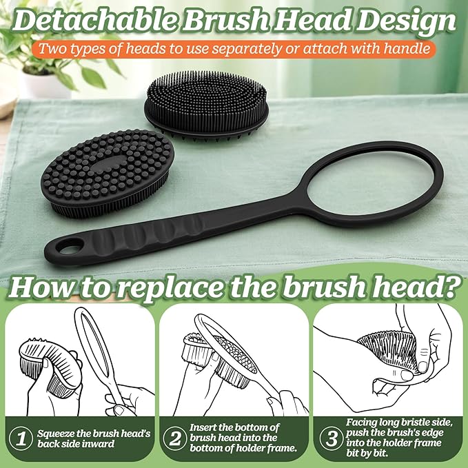 Soft Silicone Body Scrubber 2PCS, Dual-Side Silicone Loofah for Shower, Gentle Loofa Alternative, Replaceable Brush Head to be Used Alone or with Long Handle (Blackx2)