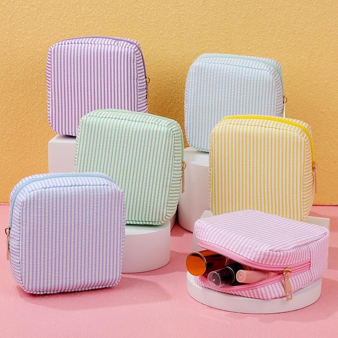 Sanwuta 6 Pcs Seersucker Cosmetic Bag Bulk Pinstripe Makeup Bag for Women Aesthetic Cute Travel Toiletry Organizer Preppy Storage Pouch for Wedding Bridesmaid Christmas Gift(Small,Pastel Color)