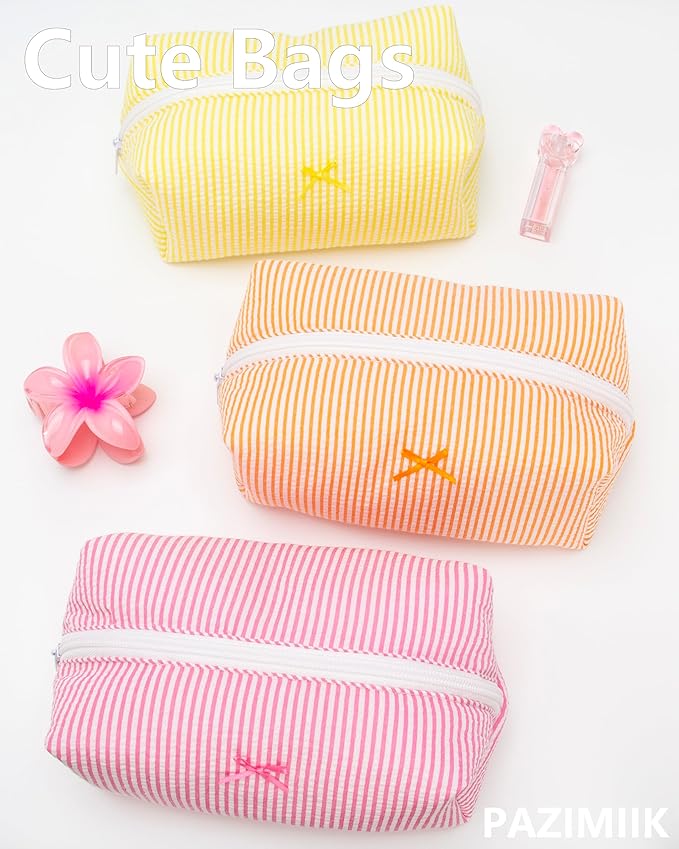 PAZIMIIK 2PCS Cozy Makeup Bag Small Aesthetic Travel Zipper Cosmetic Pouch for Women Make Up Beauty Accessories Brushes, Stripe Hotpink