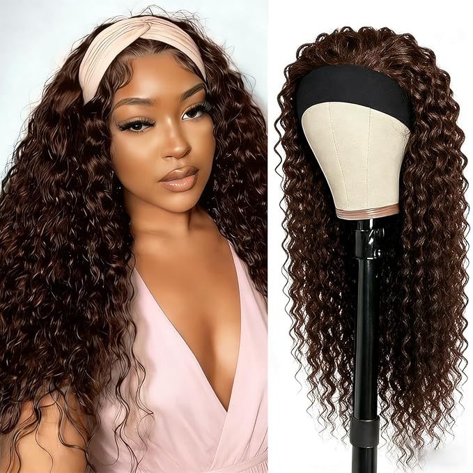 XSY Headband Wig Human Hair #4 Chocolate Brown Deep Wave Headband Wig Human Hair for Woman Unprocessed Brazilian Virgin Hair Machine Made Wigs 150% Density 22 Inch