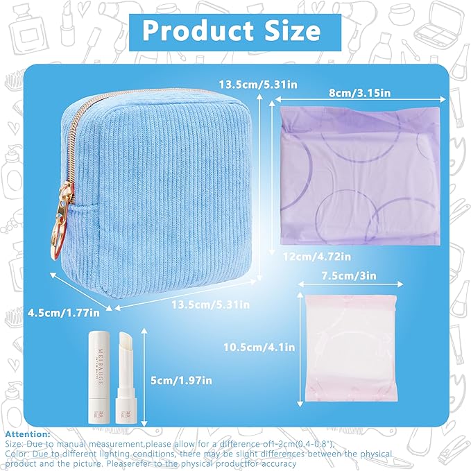 Period Bag for Girls, Corduroy Sanitary Napkin Storage Bag, Period Pouch & Tampon Holder, Feminine Care Organizer（Bule）