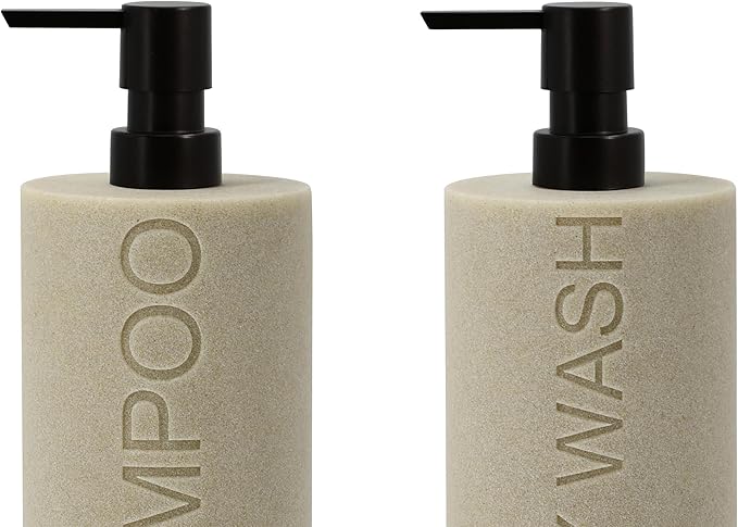 Resin 2 Pack Shampoo, Conditioner or Body Wash Dispenser Set, Luxurious Refillable Pump Bottles with Matte Pump Top and Embossed Text, Durable Design for Bathroom and Shower