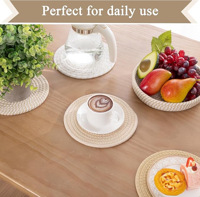 SHACOS 8 Inches Trivets for Hot Dishes, 4 Pieces Cotton Trivets Mats for Kitchen with Storage Basket, Hot Pads for Countertops and Table, Heat-Resistant Pot Holders for Hot Pots and Pans