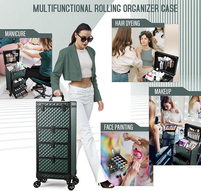 Nail Trolley Cart with 3 Drawers, Salon Station Cosmetology Case on Wheels Rolling Makeup Train Case Nail Case Organizer Beauty Salon Travel Case for Nailart,SPA,Hairstylist,Artist,Dark Green