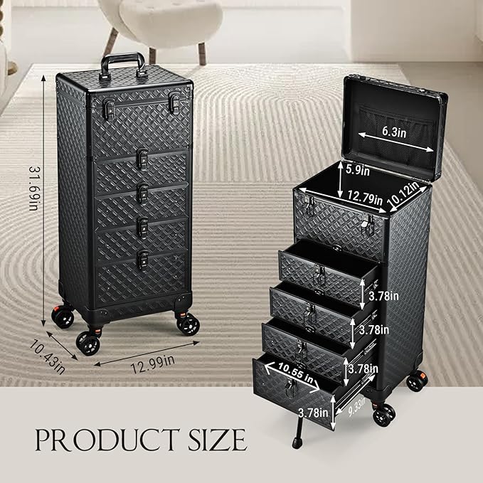 Nail Salon Cart with 4 Drawers,Rolling Makeup Train Case for Beauty,Cosmetology Case on Wheels,Trolley Cart,Lockable Organizer Travel Case for Manicure/Face Painting/Hairstylist/Tattoo Artist