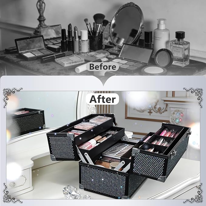 Stagiant 12.6 Inch Large Makeup Train Case, Professional 4 Trays Cosmetic Cases Makeup Storage Organizer Box Beauty Make Up Box with Lock&Adjustable Compartments for Nail, Accessories, Skincare, Black