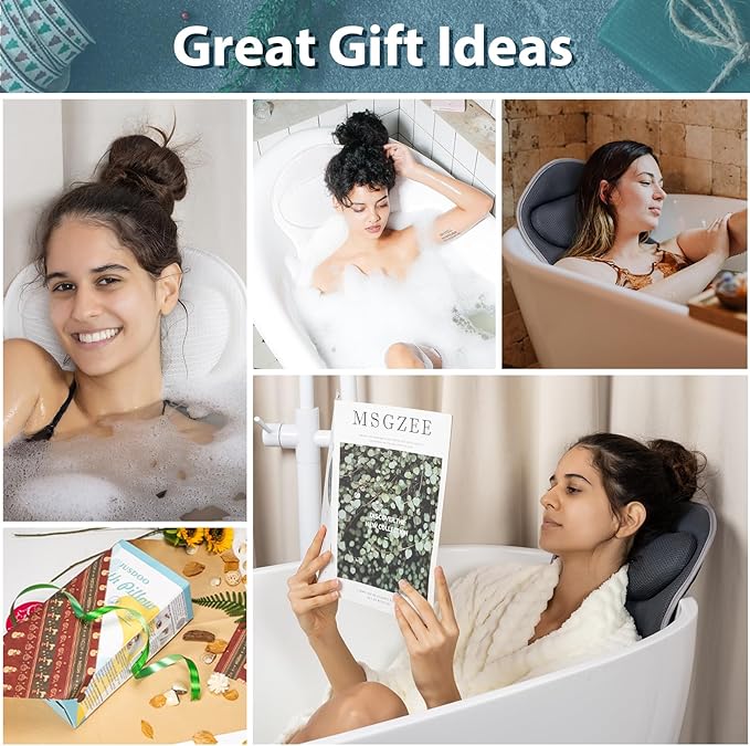 Bath Pillows for Tub Neck and Back Support - Upgraded Non-Slip Rubber Backing & 6 Suction Cups, 4D Air Mesh Spa Bathtub Cushion for Head Rest, Machine Washable with Laundry Bag & Hook (Gray)